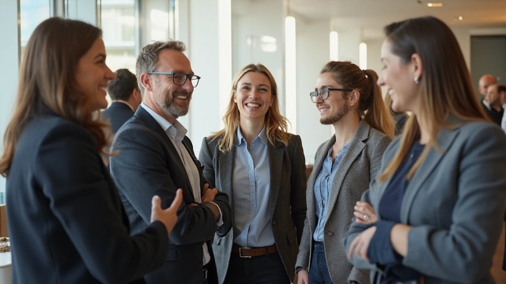Groep professionals in ontspannen houding tijdens een informeel netwerkmoment