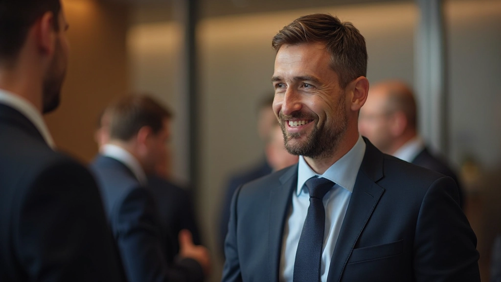 Man in professioneel pak voert een ontspannen gesprek op een zakelijk event